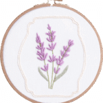Lavender embroidery kit with purple botanical hand embroidery design in a wooden hoop