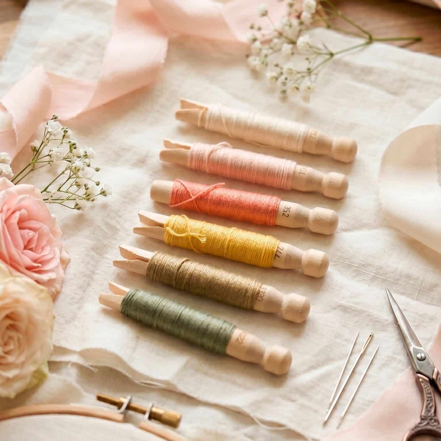 Pastel embroidery thread bobbins for hand embroidery projects