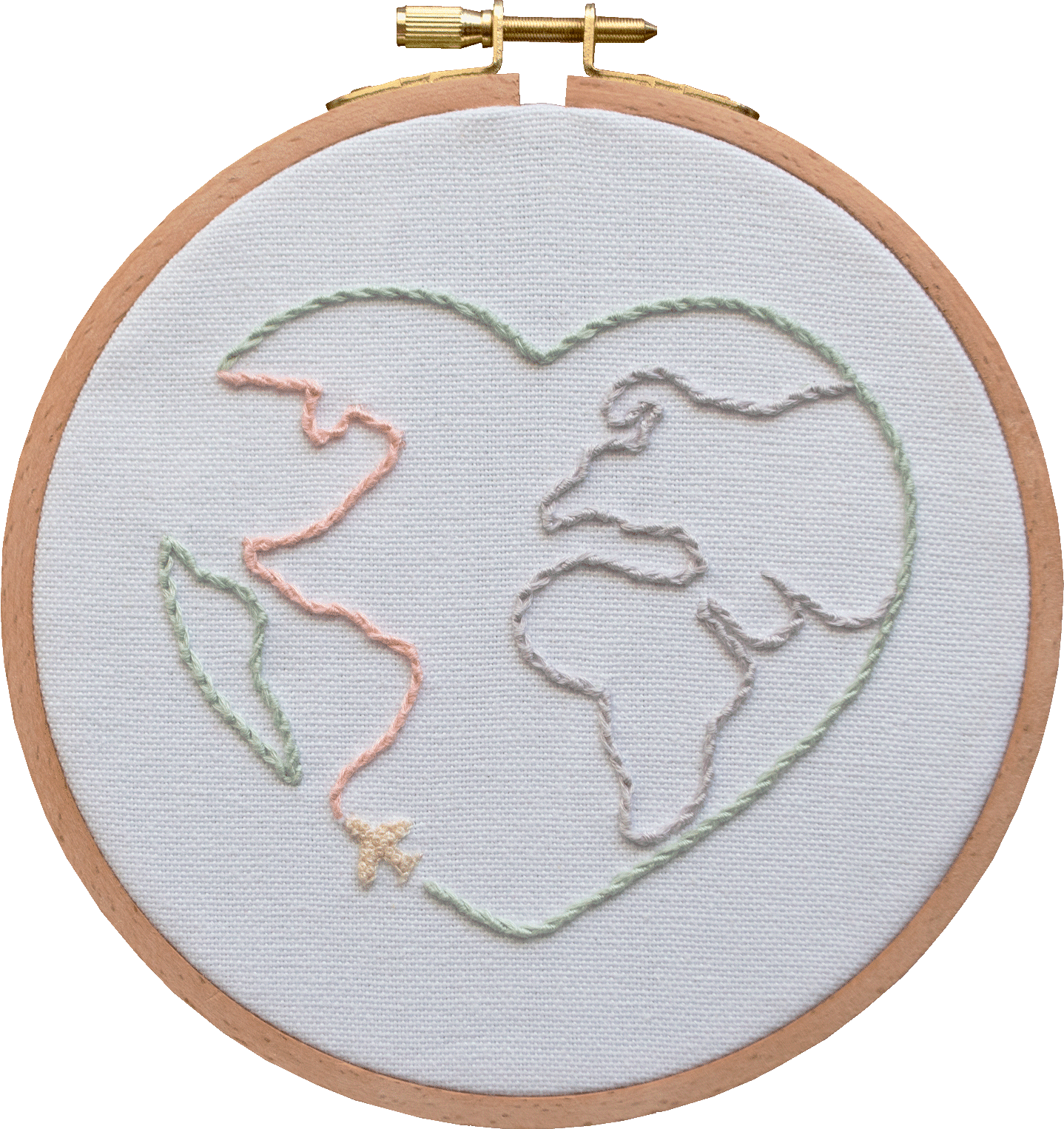 Love World hand embroidery design in wooden hoop