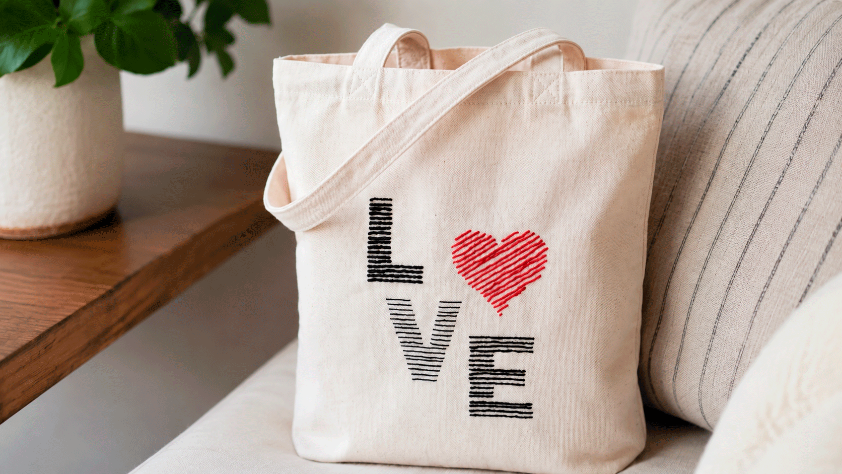 Cream cotton tote bag featuring the LOVE hand embroidery design, with black and gray stem stitch lettering and a red embroidered heart replacing the O, resting on a linen sofa.