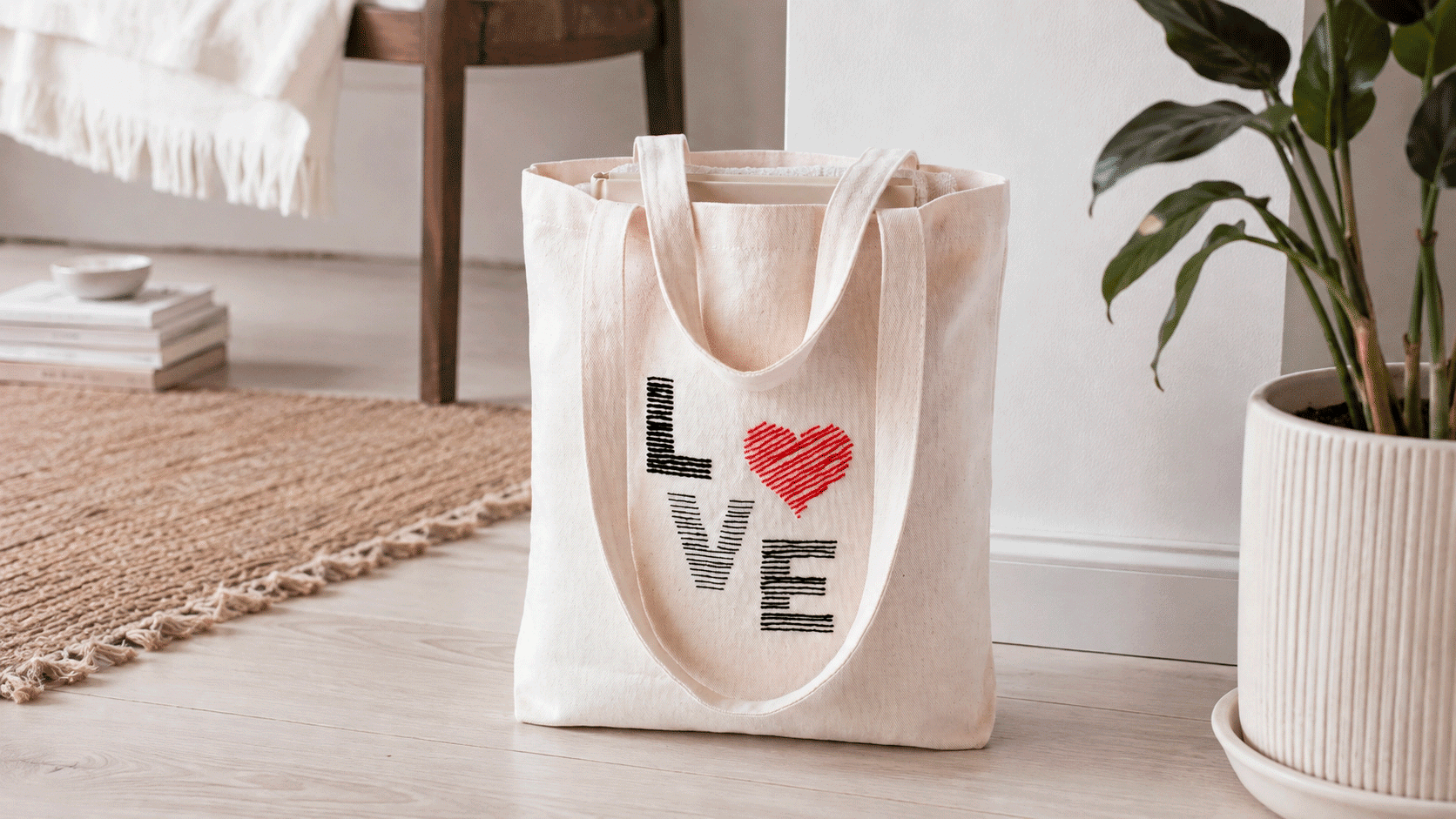 Hand-embroidered cotton tote bag standing upright beside a potted plant, displaying the LOVE design with textured black and gray letters and a red stitched heart.