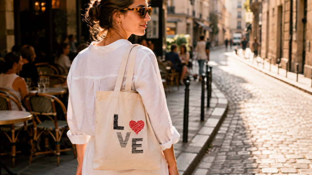 Woman in a white shirt carrying a handmade LOVE embroidered tote bag through a sunlit cobblestone street, showing how a simple embroidery project becomes an everyday accessory.