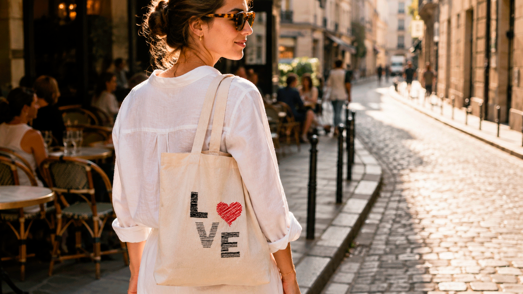 Woman in a white shirt carrying a handmade LOVE embroidered tote bag through a sunlit cobblestone street, showing how a simple embroidery project becomes an everyday accessory.