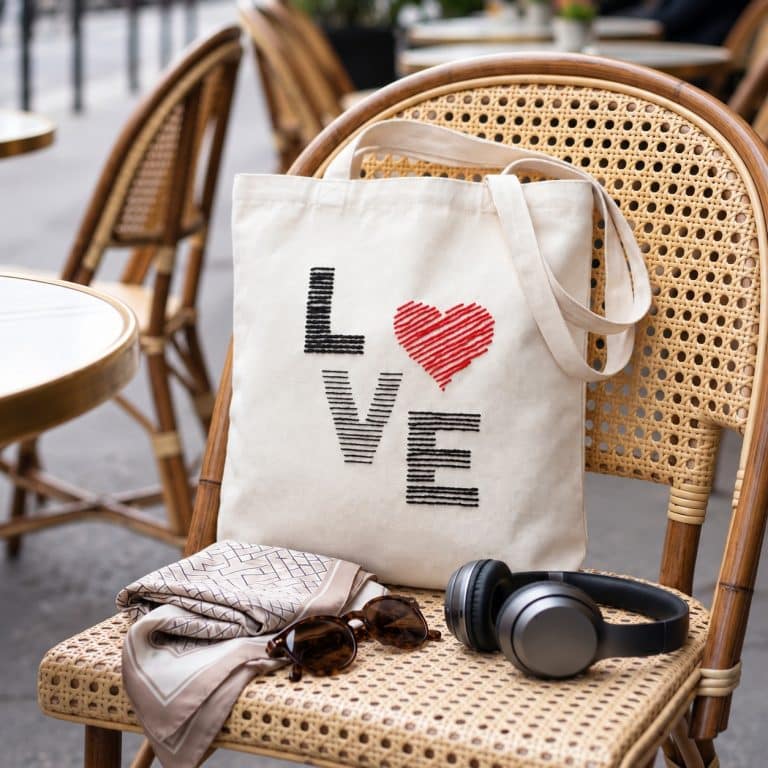 Natural cotton LOVE tote bag with black embroidery and a red heart on a woven café chair