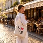 Woman carrying a natural cotton tote bag with black LOVE lettering and a red heart outside a café