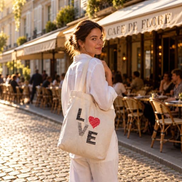 Woman carrying a natural cotton tote bag with black LOVE lettering and a red heart outside a café