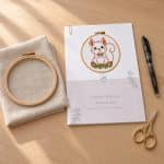 Printed A4 Autumn Harvest embroidery pattern guide with a rose gold paper clip, heat-erasable fabric pen and gold scissors