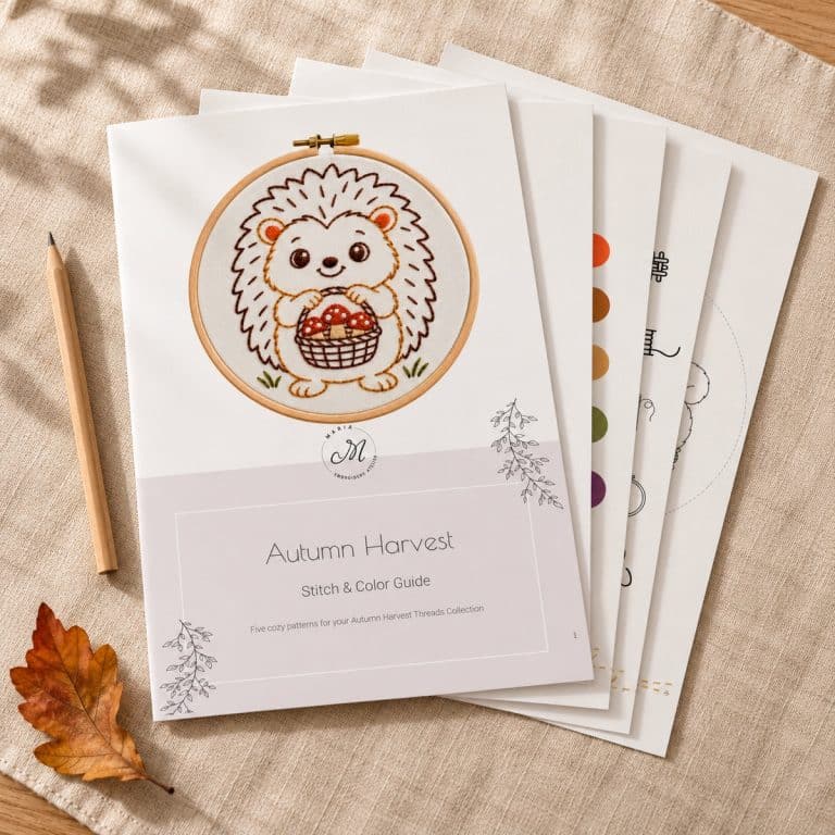 Printed Autumn Harvest Stitch & Color Guide cover on top of a stack of embroidery pattern pages, with a pencil and a leaf